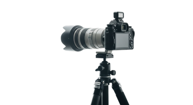 Camera on tripod isolated on transparent background for professional photography work