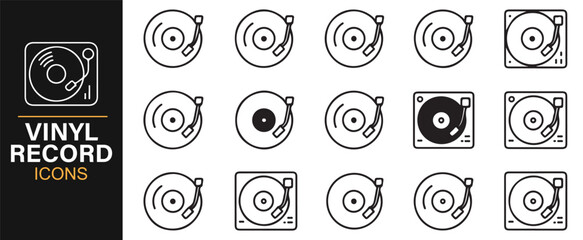 Vinyl record turntable icon set in line art design for music, retro sound, and DJ party themes