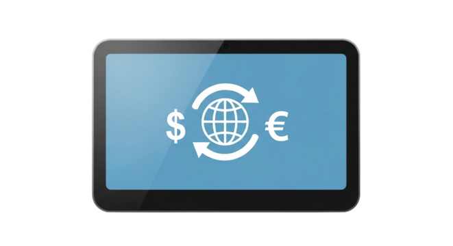 Currency exchange on a tablet isolated on transparent background, showing dollar and euro symbols