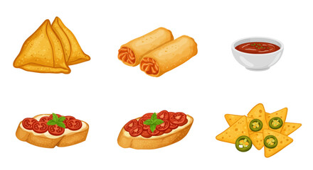 Six delicious and savory appetizer icons, perfect for food and restaurant related projects