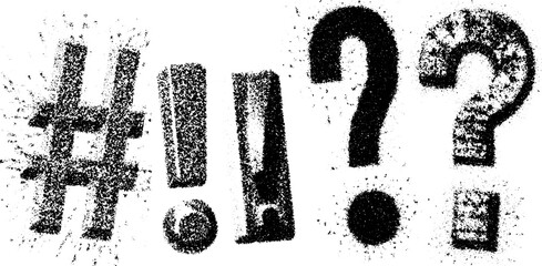 Punctuation symbols in grunge style. Unique black vector illustration set of hashtag, question mark, exclamation mark, and period for modern design.