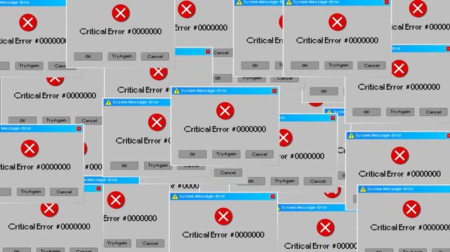 Error pop-up and error message animation with multiple critical system crash alerts on a black background, glitch warning screens for tech crash, hacker effect, or overlay use.