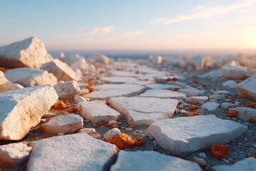 Close Up Of Dry Cracked Soil with White Rocks and Sunset Sky in HDR