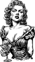 Vintage woman illustration with elegant hairstyle holding a drink. Black and white vector set showcasing sophisticated beauty and style.