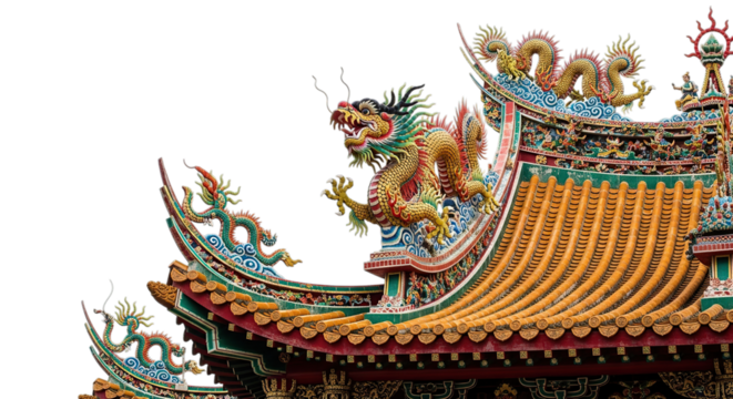 Ornate roof of a traditional chinese temple with dragon statues isolated on transparent background