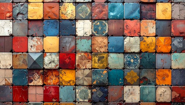Colorful, textured mosaic of square tiles - Powered by Adobe