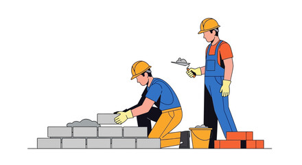 Two construction workers building a brick wall wearing hard hats and overalls.