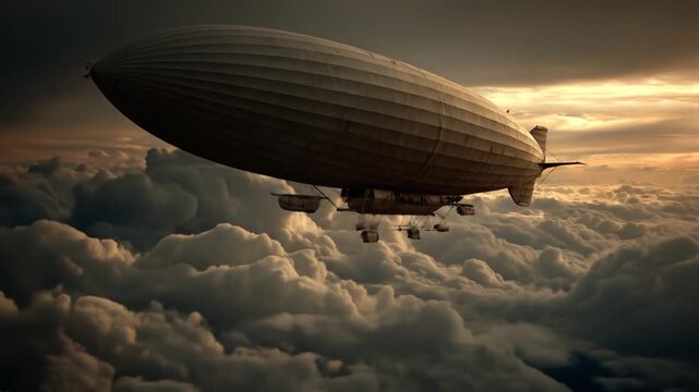 A vintage airship navigates a dramatic sky filled with towering clouds.