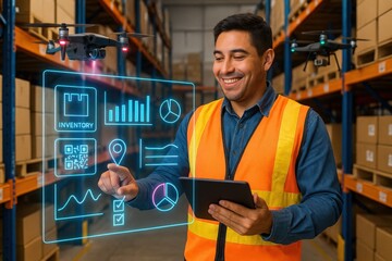Inventory management innovations optimizing warehouse operations with drones and digital tools in a modern distribution center