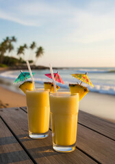Two refreshing yellow tropical cocktails with pineapple slices and colorful umbrellas on a wooden table at the beach with palm trees and ocean in the background during sunset