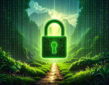 A glowing green padlock in a lush digital forest, path leading to it