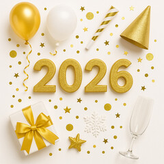 Golden New Year's Delight: A festive array of party essentials forms a dazzling display for the year 2026. Balloons, party hats, a champagne glass, and gift-wrapped present.