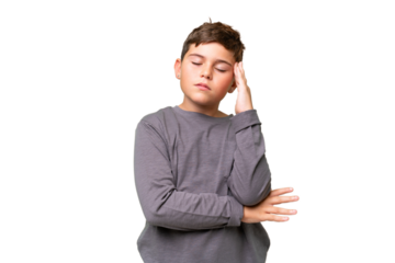 Little caucasian kid over isolated chroma key background with headache