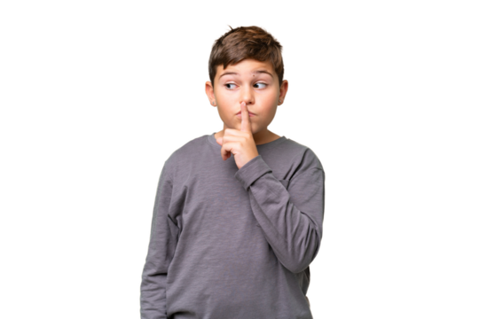 Little caucasian kid over isolated chroma key background showing a sign of silence gesture putting finger in mouth - Powered by Adobe