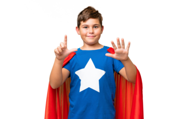 Super Hero caucasian kid over isolated chroma key background counting seven with fingers