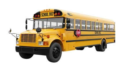 A yellow school bus isolated on transparent background, a common mode of transportation for students