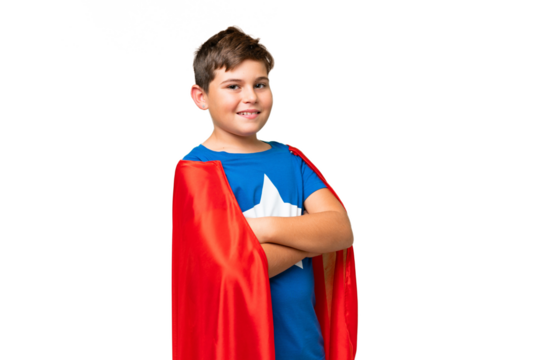 Super Hero caucasian kid over isolated chroma key background with arms crossed and looking forward