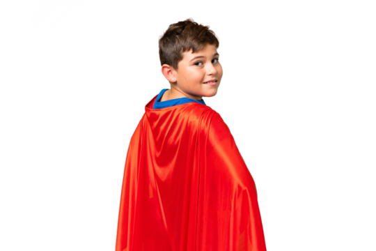 Little caucasian kid over isolated chroma key background in superhero costume and doingposing with arms at hip and smiling