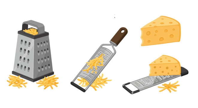 Set of cheese graters with shredded cheese and cheese wedges, isolated on white background, vector EPS illustration