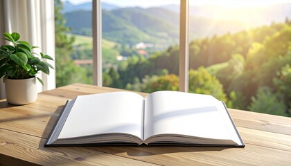 An empty book lies open on a rustic table, inviting a new story with a scenic forest and mountain background