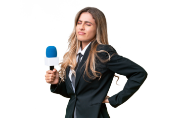 Young pretty Uruguayan tv presenter over isolated background suffering from backache for having made an effort