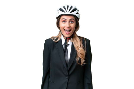 Business Uruguayan woman wearing a helmet biker over isolated background with surprise facial expression