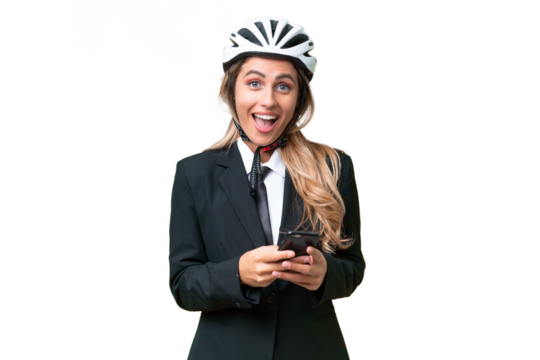 Business Uruguayan woman wearing a helmet biker over isolated background surprised and sending a message