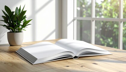 An open book lies on a wooden table near a potted plant and a window with soft sunlight streaming in, creating a peaceful reading atmosphere