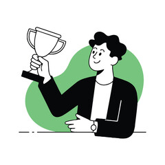 Vector art of a man in a suit is holding a trophy, symbolizing success and achievement, he looks happy and proud of his accomplishment