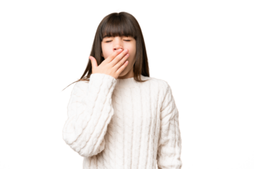 Little caucasian girl over isolated background yawning and covering wide open mouth with hand