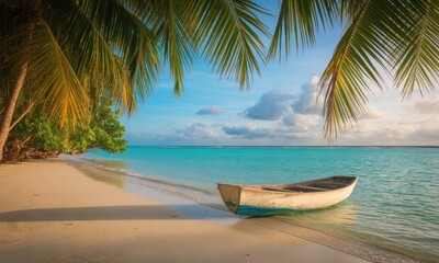 Tropical beach scene at sunset with a small boat.  Palm trees frame the shoreline.  Tranquil, light-filled