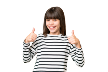 Little caucasian girl over isolated background giving a thumbs up gesture