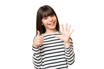 Little caucasian girl over isolated background counting six with fingers