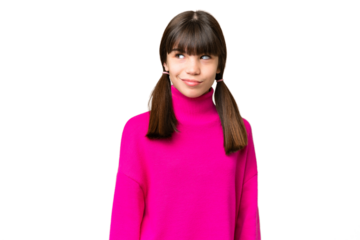 Little caucasian girl over isolated background having doubts while looking side
