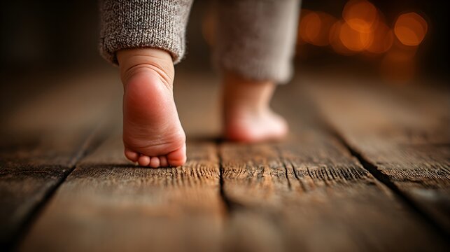 A toddler takes its first steps on a rustic wooden floor with soft light in the background at home now.
