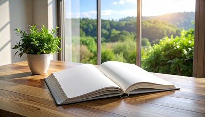 Open book resting on a wooden table with a potted plant and a sunlit green landscape visible through the window