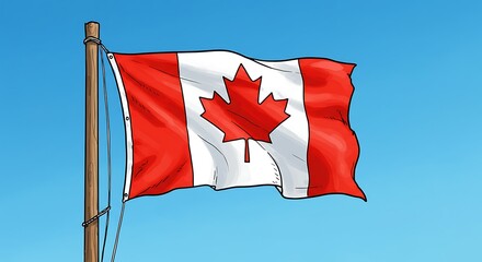 The national symbol of Canada, a red and white flag, is seen waving in the wind against the sky