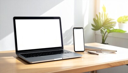Modern home office workspace with a laptop and smartphone featuring blank white screens on a wooden desk, bathed in natural sunlight