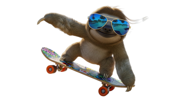 Sloth wearing sunglasses riding a skateboard isolated on transparent background, showcasing its playful nature