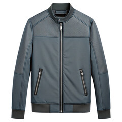 Stylish grey bomber jacket with textured details isolated on transparent background