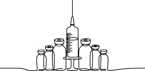 Medical syringe and vials line art graphic