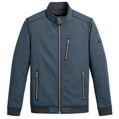 Blue denim bomber jacket with zipper closure isolated on transparent background