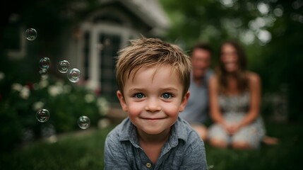 Adorable young boy with a charming smile poses playfully in the garden with bubbles and blurred family.