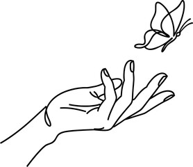 Delicate hand reaches butterfly simple line art