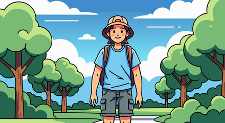 A young explorer in a bucket hat and backpack stands confidently amidst a vibrant green forest, ready for adventure in the great outdoors