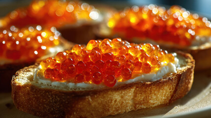 Golden toast with red caviar on cream cheese in sunlight