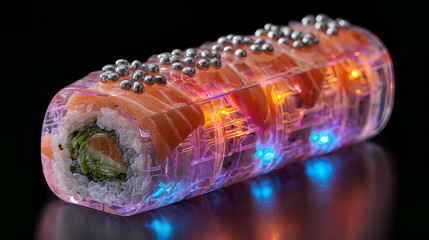 Futuristic glowing sushi roll with neon lights and cyberpunk design