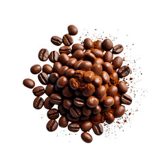 Pile of coffee beans and powder with ground coffee isolated on transparent background
