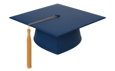 A traditional blue graduation cap with a golden tassel, isolated on transparent background, representing academic success, graduation day, and the pursuit of knowledge and higher education