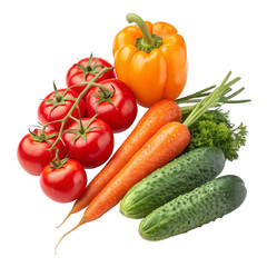 Fresh vegetables including tomatoes carrots bell pepper and cucumbers isolated on transparent background
